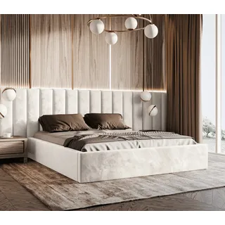 Polsterbett Vilde 200x220 mit Wandpaneelen 300 cm, Bettkasten, Samtbezug Piano 01 Cremeweiß, stabile Konstruktion - Weiß