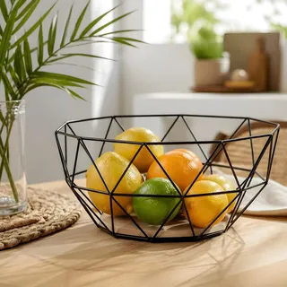 levandeo Obstkorb Metall Schwarz 26x12cm Korb Modern Holz Braun Schüssel Schale Deko Obstschale Tischdeko