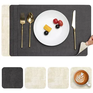 Myir JUN Tischsets Abwaschbar Leder und Untersetzer, Doppelseitigen Platzset rutschfest Platzdeckchen Kunstleder (Grau Cremeweiß, 4er Set)