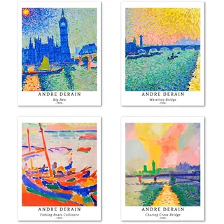 Kunstdruck Ungerahmt Landschaft Bilder Set von 4, Poster Größe: 20x25 cm Premium Kunstpapier Wanddeko Stilvolles Panorama Illustration Kunstposter Passenden Wohnzimmer Deko Andre Derain Prints