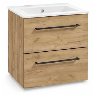 Domodomo Badezimmerschrank mit Waschbecken, 60 x 50 x 46,5 cm Eiche Unterschrank für Waschbecken, Hängeschrank für Badezimmer - Keramik-Waschbecken - Bronze