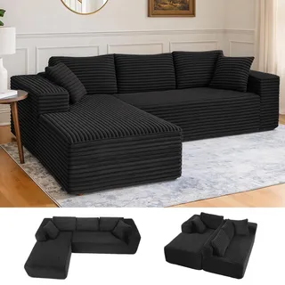 COMHOMASofa Big-Sofa, L-förmige Sofa, Couch Ecksofa, Chaiselongue Schlafsofa mit tiefer Sitzfläche und breiten Armlehnen, Cordstoff, schwarz-R - Schwarz