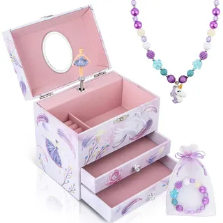 Anyiner Ballerina Schmuckkästchen für Mädchen, Kinder Spieluhr mit drehender Ballerina, 2 Schubladen und Einhorn Schmuckset, Musikkästchen Geschenk für Kinder Mädchen