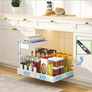 YunNasi Schrank Organizer Küche, 2 Etagen Unterschrank Organizer, Ausziehbare Schublade Küche, Erweiterbar Schrankregal für Bad, Gewürzregal (Weiß)