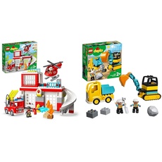 LEGO 10970 DUPLO Feuerwehrwache mit Hubschrauber & 10931 DUPLO Bagger und Laster Spielzeug mit Baufahrzeug für Kleinkinder ab 2 Jahren zur Förderung der Feinmotorik