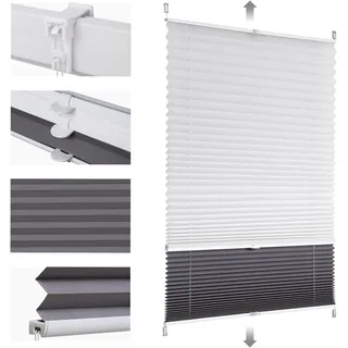 Sekey Plissee Doppelplissee Day+Night Verdunkelung ohne Bohren verspannt Lichtschutz, Klemmfix, 35x100cm, Weiß und Grau