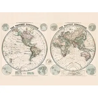 Stanfords Eastern and Western Hemispheres Map 1877", 60 x 80 cm, Leinwanddruck