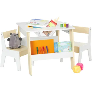 Relaxdays Kindersitzgruppe, Kindertisch mit 2 Stühlen, mit Stauraum, für Jungen und Mädchen, Kindersitzecke, weiß/beige