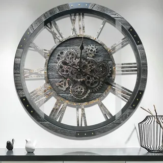 DORBOKER 68CM Große Vintage Wanduhr mit Beweglichen Zahnrädern, Retro Holz Gehärtete HD-Glasabdeckung, XXL Antike Steampunk Industriell Wanduhr für Büro Wohnzimmer Bar (Kohlenstoff Grau)