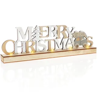 com-four® LED Deko Aufsteller aus Holz, beleuchteter Schriftzug | Deko-Schriftzug zum Hinstellen für Weihnachten - Stimmungslicht mit Timer
