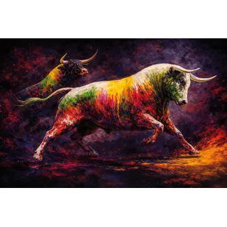Bild BÖNNINGHOFF "BUNTER STIER 78x118 cm – Leinwandbild Keilrahmen Deko modern", farbe bild(er): braun, schwarz, weiß, blau, rot, B:78cm H:118cm T:1,8cm, Canvas, MDF, Bilder, Bild