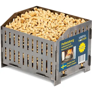 USEFUL SWEDEN Pelletbrennkorb – Verbrennen von Holzpellets im Holzofen oder im offenen Kamin, Schwedischer Stahl, 17,7 x 24,0 x 17,0 cm Tiefe x Breite x Höhe, 2kg, Notfall Camping Ofen