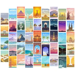 HerZii Prints Vintage-Reise-Poster Collage-Set für Wand - 44-teilig, 10,2 x 15,2 cm - Trendige Städte Wanddekoration - Retro-Poster