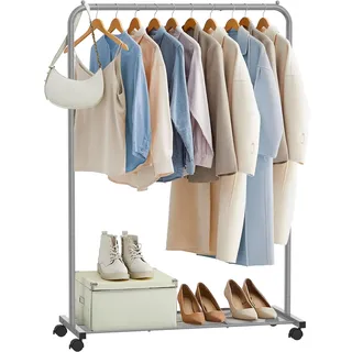 SONGMICS Kleiderständer, Kleiderstange auf Rollen, Garderobenständer Metall, Rollgarderobe 91 cm breit, mit Ablage, 2 Rollen mit Bremse, Stange bis 40 kg belastbar, grau HSR025G01