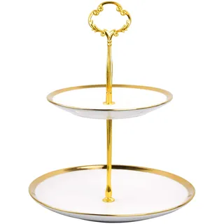 Etagere aus Porzellan, 2 Etagen Obst Etagere Tortenständer Servierständer Frühstück Buffetplatte,24.5cm Moderne Tortenetagere Cupcake Küchen Ständer Party Deko für Dessert Snacks Obst Geburtstag, Gold