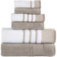 Modern Threads 6-teiliges Set, 2 Badetücher, 2 Handtücher, 2 Waschlappen, schnelltrocknendes Weiß/Kontrast-Reinhartbraun