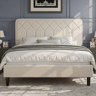 VECELO Doppelbett, gepolstert, 140 x 190 cm, Plattformrost, Lattenrost aus robustem Holz, kein Boxspringbett erforderlich, Velours-Stoff, einfach zu montieren, Beige