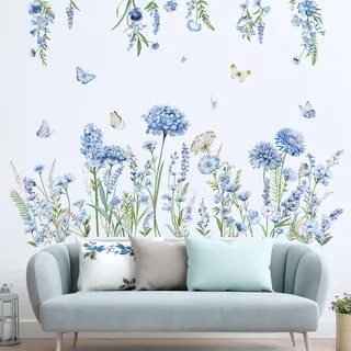 decalmile Wandtattoo Blumen Blau Wandaufkleber Wildblumen Schmetterlinge Blumen Blau Wandsticker Kinderzimmer Mädchen Wohnzimmer Schlafzimmer Wanddeko