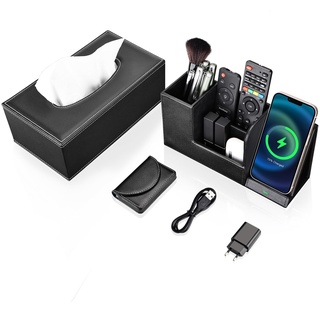 KINGFOM Büroset 5Pcs PU Leder Schreibtisch Set mit Wireless Charging Schreibtisch Organizer, Kosmetiktücherbox, Visitenkartenetui, 18W Ladegerät und 1.5M Ladekabel (T103H-Schwarz)