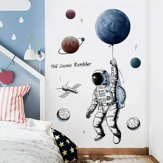 WandSticker4U®- Wandtattoo ASTRONAUT FLIEGT XXL (84x125 cm) I Wandsticker Kinderzimmer Planeten Weltall Mond Aufkleber groß I Wandaufkleber Kinderzimmer Deko Junge Möbel Aufkleber Teenager COOL