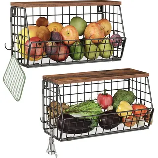 CHOEZON 2er-Set Obstkörbe, stöckige Obstkörbe hängend mit Deckel, Hängekörbe Küche, Metall-Gemüsekörbe, Küchenkörbe, mit beweglichen Haken für Bananen und Tassen, Vintage Braun und Schwarz DTCW04P2BF