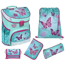 Familando Mädchen Schulranzen 1. Klasse · Scooli Campus Fit Schultasche (5-teiliges Set mit Federmappe, Butterfly Schmetterlinge Türkis)