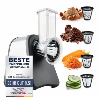 ADE Gemüseschneider elektrisch | Gemüsehobel | Reibe für Obst und Gemüse | Karotten, Gurke, Nüsse | 4 extrascharfe Einsätze | Käsereibe 200 bis 500 W