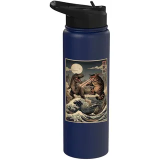 Vintage Retro Cat Vs Monster Trex Japanisch Japan Ukiyo-e Art Stainless Steel Insulated Water Bottle