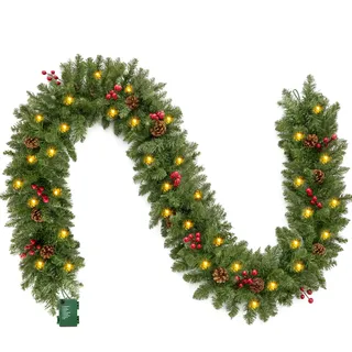 Joiedomi 2.7M künstliche Weihnachtsgirlande mit 100 LED-Lichtern, 27 Tannenzapfen und 27 roten Beeren, Weihnachtsdekorationskranz für Treppe, Haustür, Garten, Hof, Weihnachtsbaumdekoration
