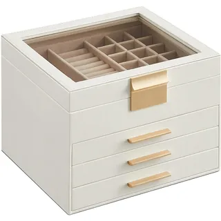 SONGMICS Schmuckkästchen, Schmuckkasten 4 Ebenen, Schmuckbox mit Glasdeckel, 3 Schubladen, Schmuckaufbewahrung, Stauraum, modern, Geschenkidee, 20,3 x 23,1 x 16,5 cm, wolkenweiß-golden JBC173W01