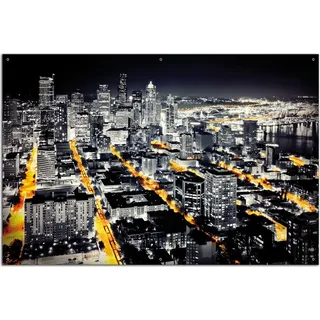 Wallario Outdoor-Poster für Garten oder Balkon, Motiv Großstadt bei Nacht - Seattle in schwarz weiß gelb, in ca. 61 x 91,50 cm - Schwarz