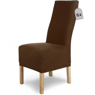 SCHEFFLER-Home Stuhlhussen Stretch Luna-Lang/Stuhlüberzug 6er Set Braun/elastische Flanell Stuhlabdeckungen/Stuhlhussen Schwingstühle/Spann-Bezug Stuhl Überwurf als eleganter Schonbezug