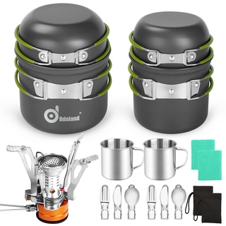 Odoland Camping Geschirr Set 16 PCS für 2 Personen Outdoor Kochgeschirr aus Aluminium und Edelstahl Camping Töpfe Becher Faltbare Besteck Mini Campingkocher für Outdoor Geschirr Picknick Wandern