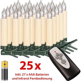 25-er Set LED Weihnachtsbaumkerzen kabellos Timer Dimmfunktion Flacker-Modus inkl. Batterien Weihnachtsbeleuchtung für Innen & geschützten Außenbereich (Creme/Elfenbein) - Beige