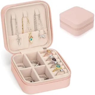 Fenglin-joy Schmuckkästchen Reise, Schmuck Reiseetui für Damen Kleine Tragbare Schmuckschautulle Schmucketui aus PU-Leder für Ohrringe, Ringe, Ohrstecker, Kette (Rosa