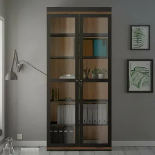 Dmora - Vitrine Laure, Glas-Sideboard, Mehrzweckvitrine, Hängendes Bücherregal mit Glastüren, 89x36 h200 cm, Schwarz und Walnuss