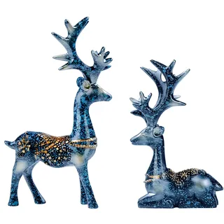 WOO MANTO 2er Weihnachtshirsch H 11cm & 9,5cm kleine Hirsche Weihnachtsdeko Rentier Adventsgesteck Weihnachtsfigur (Blau)
