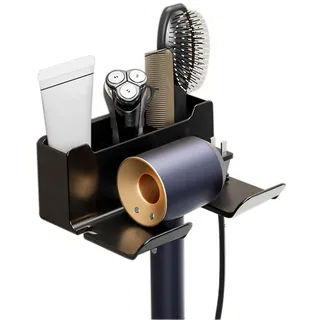 HMAKGG Föhnhalter Wand Ohne Bohren Schwarz, Föhn Halterung mit Steckerhalter & Aufbewahrung, Selbstklebend Fönhalter aus ABS für Bad Barbershop Hotel