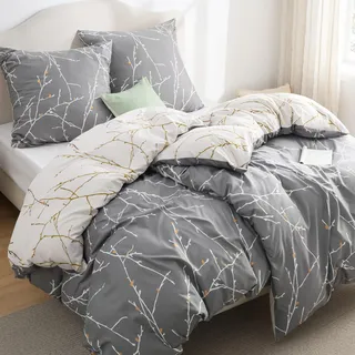 BEDSURE Bettwäsche 135x200 4teilig Bettbezug - Bettwäsche-Sets 135 x 200 cm 2er Set mit 2 Kissenbezüge 80x80cm, ÖKO-TEX Wendebettwäsche Bedding Zweige Grau Muster mit Reißverschluss