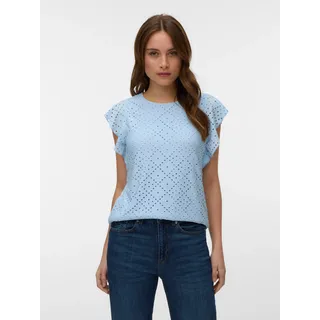 Rundhalsshirt VERO MODA "VMTASSA SL FRILL TOP NOOS", Damen, Gr. M, cashmere blau, Jersey, Obermaterial: 95% Polyester, 5% Elasthan, unifarben, loose fit normal, Rundhals, Shirts Rundhalsshirt, Materialmix, loose fit, Topseller