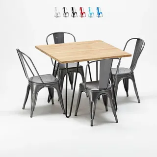 quadratischer tisch und stühle aus metall und holz industrielle garnitur im stil tribeca - Grau - Grau