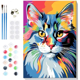 Lxmsja Bunter Katze Malen Nach Zahlen Erwachsene mit Rahmen, Katze Malen Nach Zahlen Kinder, Diy Set Erwachsene mit Pinseln und Acrylfarben Handgemalt Ölgemälde Leinwand für Home Décor, 20x30cm