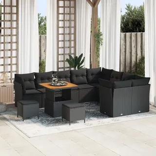 12-teiliges Garten-Sofa-Set mit Kissen Schwarzes Poly-Rattan Akazie, 3-teiliges Garten-Dining-Set mit Kissen Schwarzes Poly-Rattan Akazie, Gartensofas DesignMöbel Neu - Schwarz