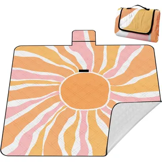 laimaimi Picknickdecke XXL 200x200 cm – extra groß, wasserdicht & waschbar, isoliert mit Alubeschichtung, orange Sunburst Design, faltbar mit Tragetasche – für Strand, Park & Garten