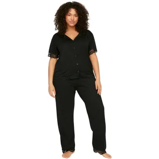 TRENDYOL Damen Women Polka Dot Knit Shirt-Trousers Plus Size Pajamas Set Pyjama, Schwarz, 4XL