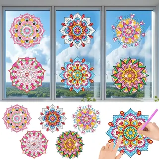 CAYUDEN 5D Suncatcher Bastelsets für Kinder, 6 Stück Mandala Diamond Painting Fensterbilder DIY Glitzer Sonnenfänger für Fensterdekoration, Wiederverwendbar Kindersicher Window Color für Geschenk