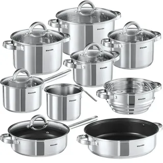 Tectake Turin Topf-Set 15-tlg. Kochtopf + Milchtopf + Bratpfanne + Glasdeckel