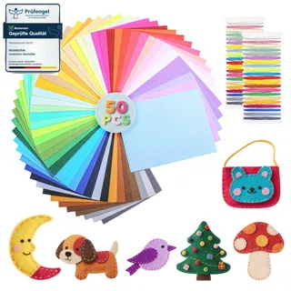 moinkerin Bastelfilz 50 Stücke Filzstoff 40X30CM Filz zum Basteln mit Nähzubehör für DIY Projekt Bunte Filz Blätter Felt Fabric für Kinder Starterset Filzplatten für Handwerk Nähen Manual Decoration