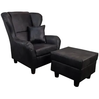 luma-home Ohrensessel mit Hocker, hoher Sitzkomfort durch Wellenunterfederung B90/H98/T76 cm, Mikrofaser Leder-Optik Vintage Schwarz / 18007 , Textil , Füllung: Polyurethan (Pur) , einzeln stellbar,Quadratisch , 90x98x76 cm , Wohnzimmer, Sessel, Ohrensessel