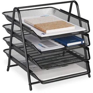 Relaxdays Dokumentenablage, 4 Fächer, Mesh-Metall, Briefablage für A4, HxBxT: 32,5 x 30 x 35,5 cm, Ablagesystem, schwarz